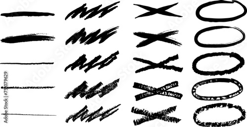 Set of dry paintbrush strokes. Grunge stroke, frame, line collection. Vector illustration