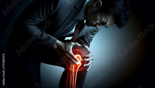 Businessman in pain clutching his knee with glowing red highlights indicating injury or arthritis.