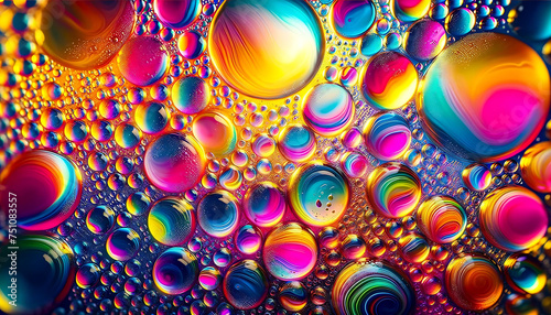 Psychedelic close-up of colorful oil droplets on water creating a vibrant abstract pattern.