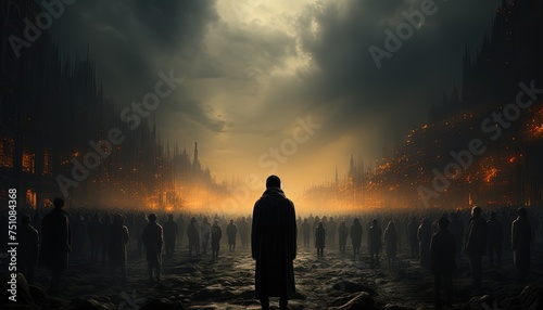 A figure standing in a crowd but faded, symbolizing loneliness in a crowd