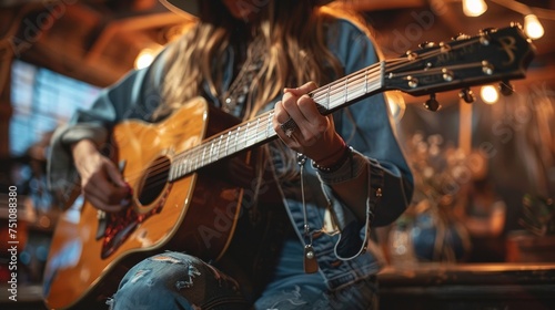 Woman playing acoustic guitar at night club or country bar