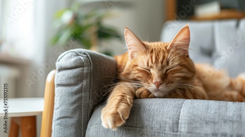A cute cat peacefully sleeps on a gray armchair in the cozy ambiance of the living room.