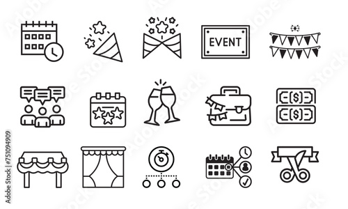 line icons related to event planning, organisation. Outline icon collection. Editable stroke. Vector illustration