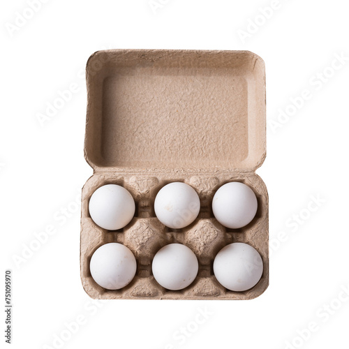 Organic white leghorn egg from free range farm in paper tray, top view