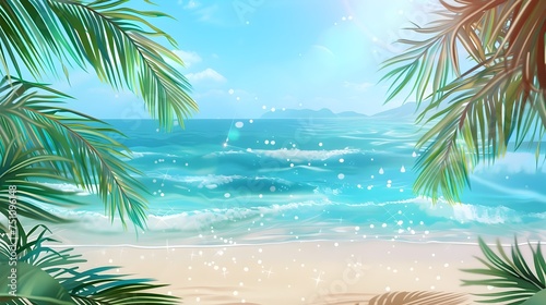 A sunny and warm tropical beach background with palm trees and sparkling ocean water in a seapunk style