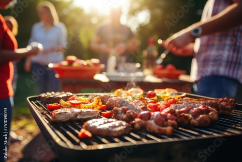 group of friends are grilling meat and vegetables on a picnic gas stove. On the table are plates, bowls, glasses and condiments. Style: Fun, Relaxed,