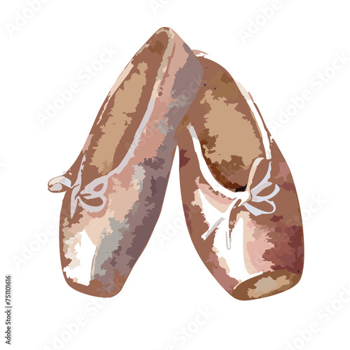 Pink ballet slippers with pretty details. Girl's women's pointe shoes for ballet dancing. Pair of ballerina dancer shoes with silk ribbons. Hand-drawn hand-painted watercolor vector illustration. 