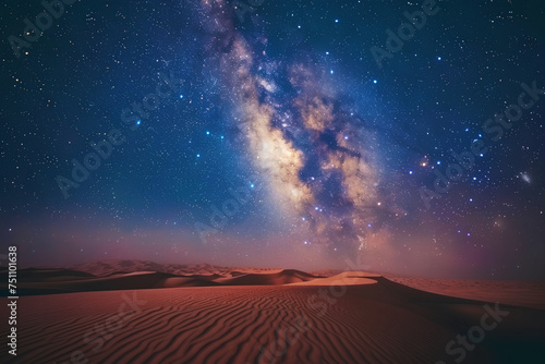 A captivating landscape photograph captures the Milky Way stretching across the desert sky, adorned with countless stars, creating a breathtaking celestial panorama.