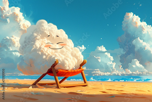 Dynamic shadows and light play on a beach chair cloud character in expressive poses joyful mood