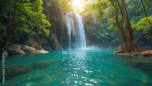 Majestic waterfall cascading into a crystal-clear pool in a secluded tropical forest, vibrant flora surrounding