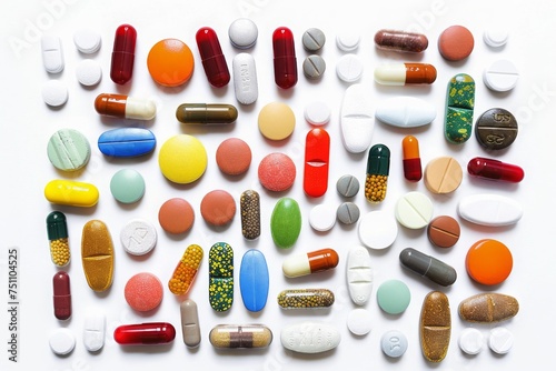 Assorted pharmaceutical pills and capsules on white, depicting healthcare, medication, and pharmaceutical industry.