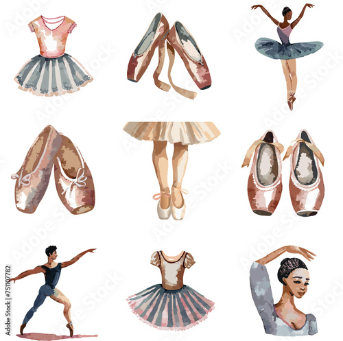 Ballet dance illustration set. Watercolor vectors of ballerina, male ballet dancer, black dancers, ballet slippers, tights, tutu, costumes, ballet poses, theater, dancing, and pointe shoes. Icon set. 