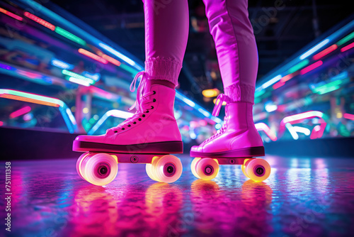 Vibrant Roller Skates on Neon-Lit Roller Disco Rink