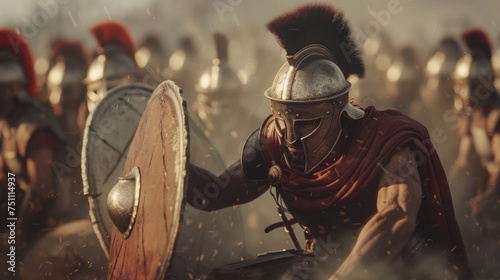 A soldier from the Phalanx kneeling down to brace his shield against the incoming attack showcasing their strategic defensive tactics.