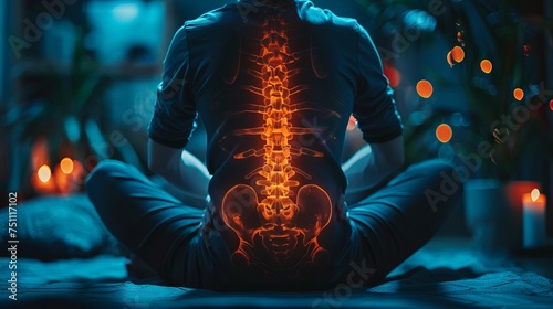 Pain in the lumbar spine and spinal cord. Human back pain, Man with inflamed spinal cord injury pain highlighted in glowing red-orange. Spine injury pain in sacral