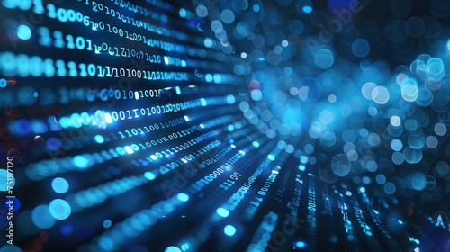 blue digital binary data on computer screen, Neon binary data stream. Flowing digits in a digital background