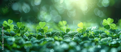 Green clover leaves with dew drops. Green clover leaves in sunlight.Generative AI