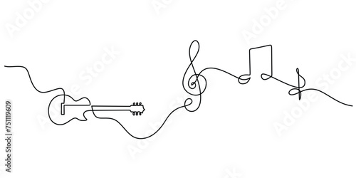 One line drawing of classic guitar with music notes tone design. Classical jazz music instrument. Vector illustration simple continuous outline style.
