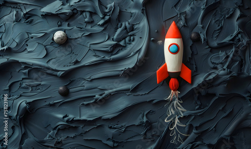 Spaceships flying in space made of plasticine or clay on the dark background. Banner for World's Space party, cosmonautics day, kid's art concept. Children creativity background with copy space.