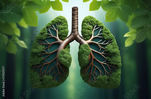 Human lungs are made from tree branches with leaves concept of Organic Form and Metaphor Earth Day the importance of loving nature 