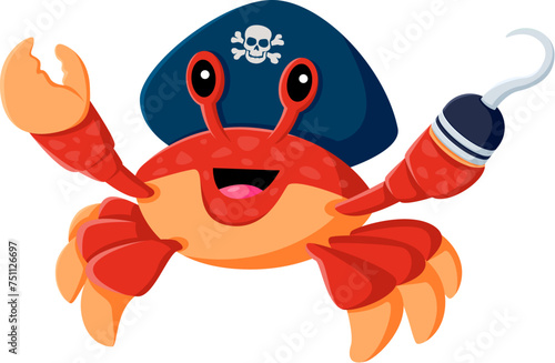 Cartoon sea crab pirate animal character, corsair captain of filibuster, vector sailor. Caribbean pirate crab with hook claw and captain tricorn hat with Jolly Roger skull and crossbones