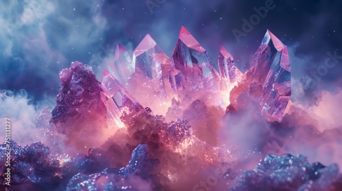 beautiful shiny crystal montain in the fog, fantasy