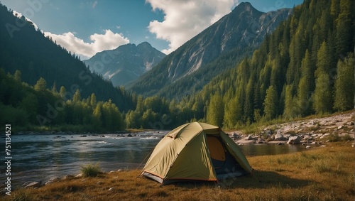 Green camping tent in a mountainous green forest