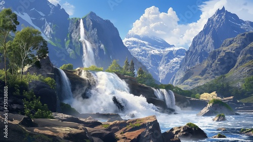 Cascading waterfalls flowing down rugged rocks, surrounded by mountains and a brilliant blue sky.