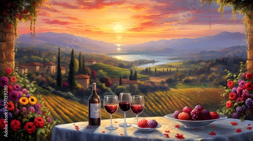 Wine tasting in Tuscany, Italy. Panoramic view of the Tuscany landscape.