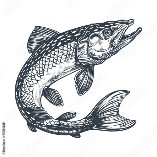 Pike fish, vintage woodcut drawing vector