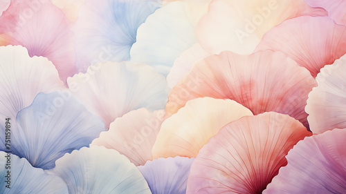 Colorful pastel seashells, watercolor background postcard