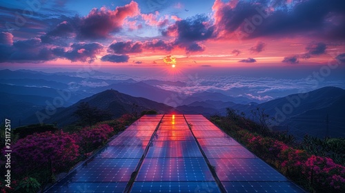 Solar energy farm with rows of photovoltaic panels against a backdrop of mountains and sunset with clouds, highlighting renewable energy and sustainability 