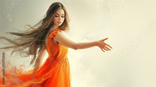 A charming girl with long, flowing locks, extending her hand in invitation, dressed in a vibrant orange maxi dress, on a light gray foundation.
