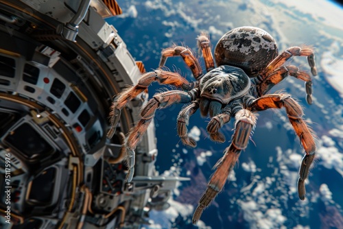 Tarantula in an astronaut suit floating inside a spaceship with Earth in the background