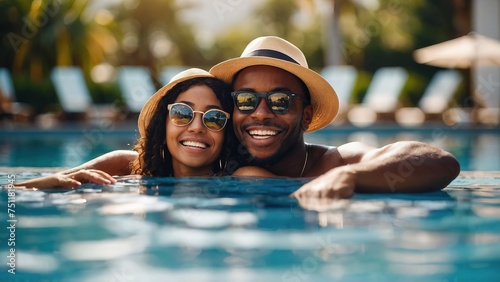 Black couple having fun in the hotel resort's pool