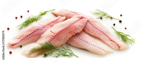Several raw Tilapia fish fillets are displayed on a clean, white background. The fillets are cut and ready for cooking, showing their freshness and high quality.