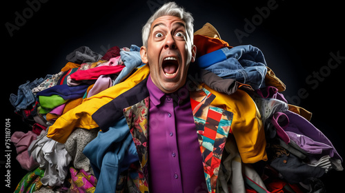 A elderly man against the background of a pile of clothes and things. The problem of consumerism and overconsumption. A person in a pile of clothes.