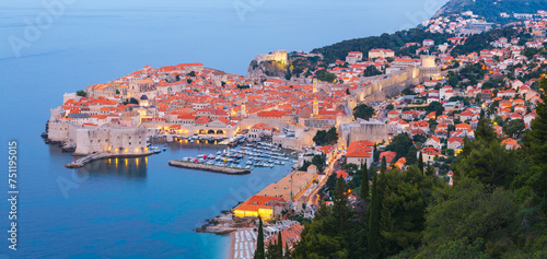 European city of Dubrovnik in the evening lights. Croatia, South Dalmatia, Europe.