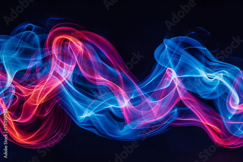 Fluctuating abstract blue, red and pink smoke on a black background, bright and lively