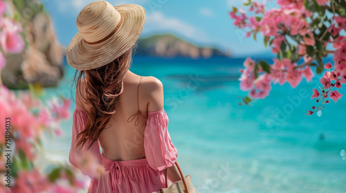 Beautiful woman wearing pink beach clothes and a straw hat with Bag walking on the beach at the sea