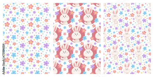 Set of spring seamless patterns with multi-colored flowers and white rabbit. Vector editable background, cute isolated elements. Choosing a pattern for design, decoration, packaging, holiday, birthday