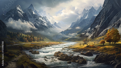 Mountain landscape with mountain turbulent river i