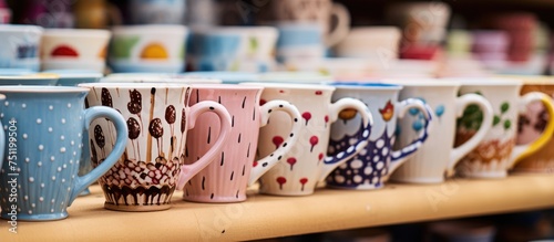 A row of various coffee cups, including handmade ceramic mugs in shapes like cupcakes, berries, and ice cream cones, sits neatly on top of a wooden shelf in a craft fair or workshop. The cups are