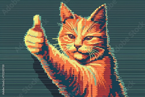 A pixel art representation of a cat giving a thumbs up, evoking nostalgia and humor in the digital age