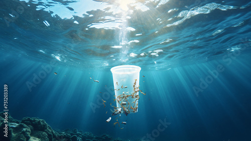 Plastic cup floating underwater in the ocean sea p
