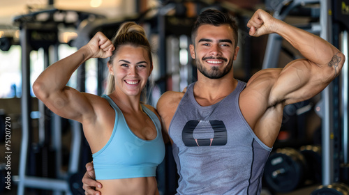 Happy athletic couple flexing their muscles after working out in gym.