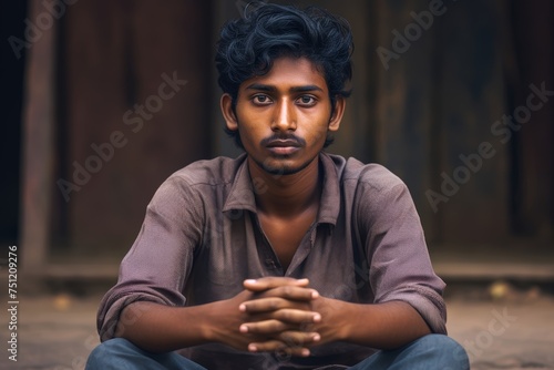 Young Dalit man in his early 20s, dressed in simple yet dignified traditional attire, his gaze direct and hopeful, embodying the aspirations and resilience of the Dalit youth striving for c