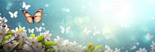 Fresh Spring Abstract Nature Background with Flowers, Butterfly and Sky - Perfect for April, May, and Easter