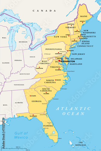 East or Atlantic Coast of the United States, political map. Eastern Seaboard states with coastline on Atlantic Ocean highlighted in yellow and States considered part of the East Coast in light yellow.