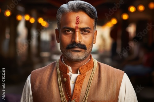 Middle-aged Vaishya man in traditional Indian attire, wearing a stylish kurta-pajama or sherwani, exuding prosperity and success associated with the Vaishya caste, perhaps with symbols of 